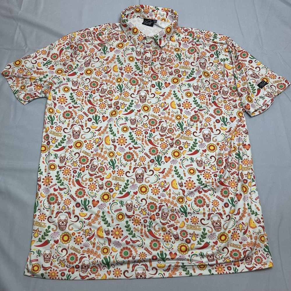 Sunday Swagger Polo Shirt Mens 2XL Multicolor Fiesta Tamarind Skull Golf AOP